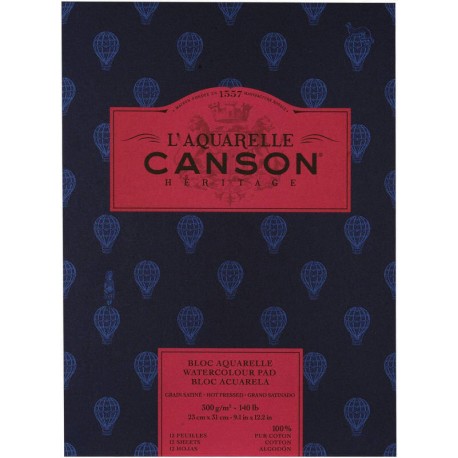 CANSON HÉRITAGE BLOC AQUARELLE PUR COTON GRAIN SATINÉ 300g 23 x 31cm 12 feuilles